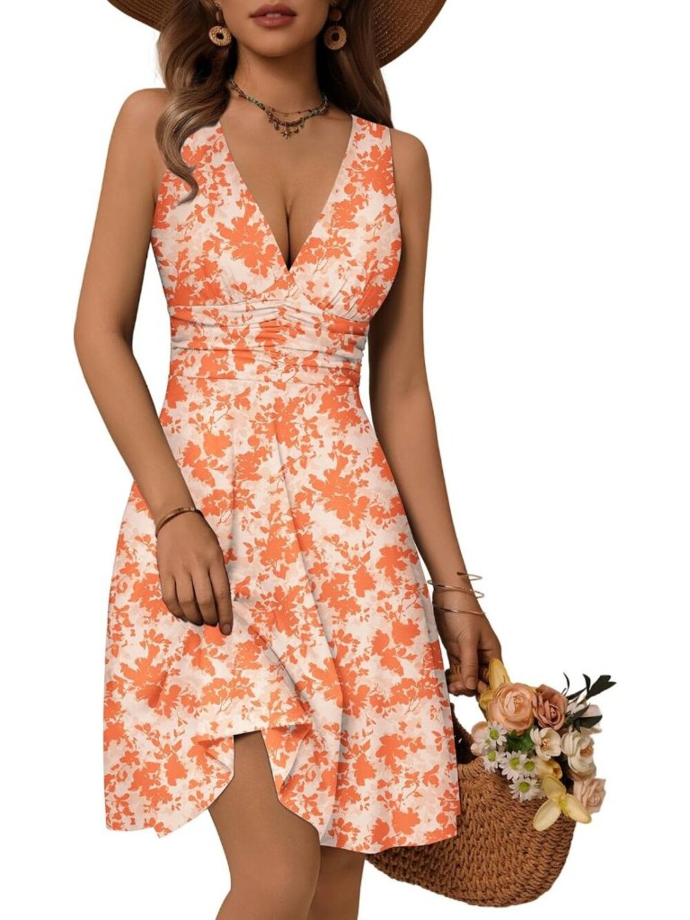 Floral Deep V Neck Sleeveless Sundress with Pockets - Flowy Summer Dress for